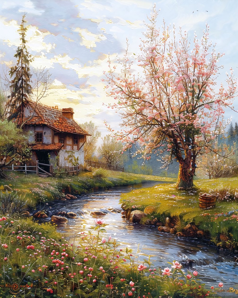 Casa antiga e paisagem com rio a correr, decoração de parede emoldurada de F. Abderrahim