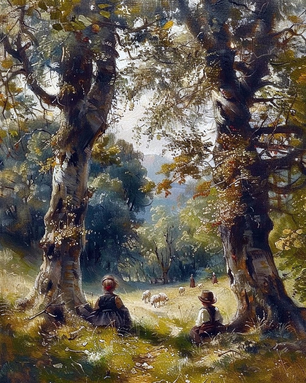 Crianças sentadas debaixo de árvores na floresta, decoração de parede moderna de F. Abderrahim