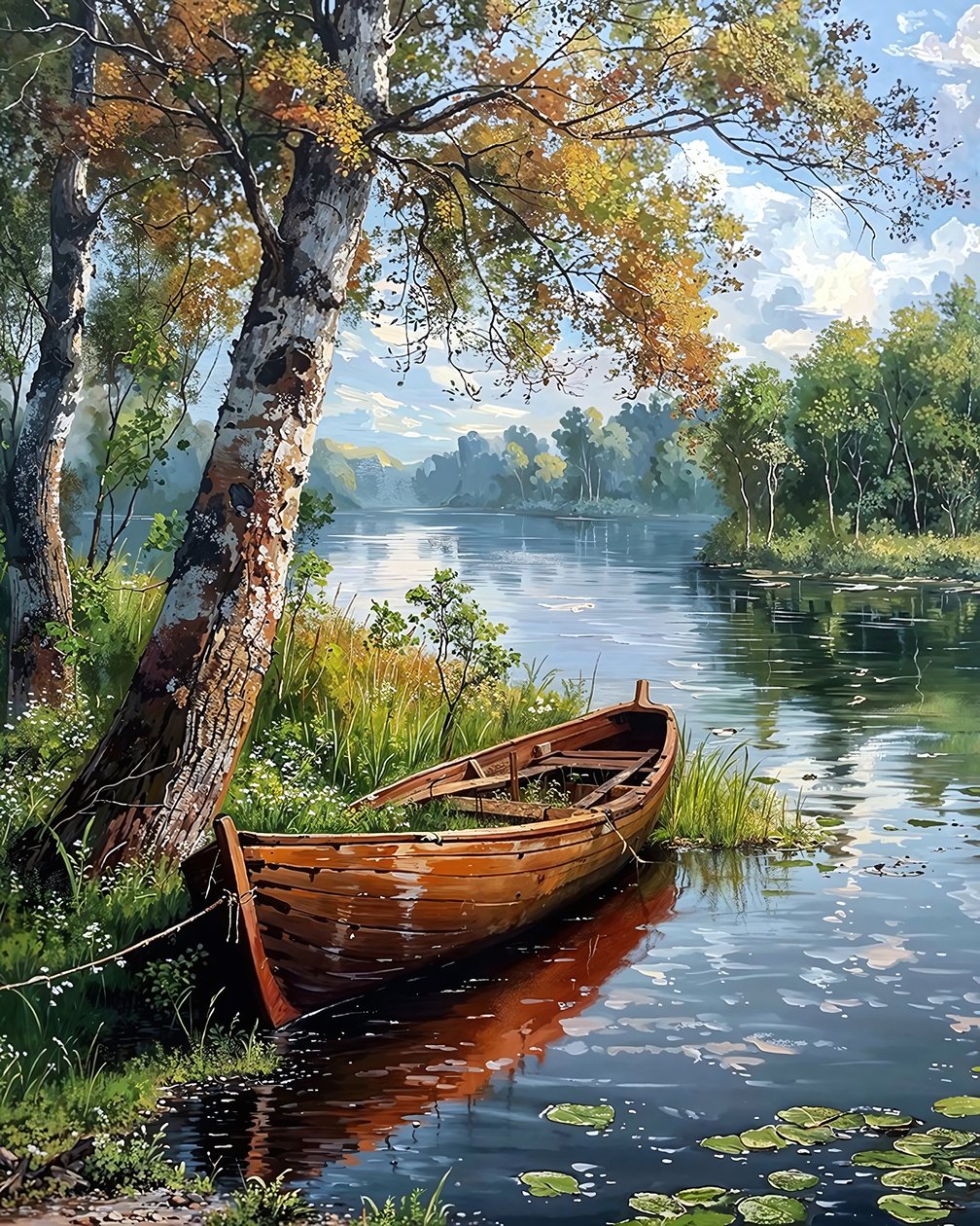 Uma feluca num lago calmo e arborizado, decoração de parede para o quarto de F. Abderrahim