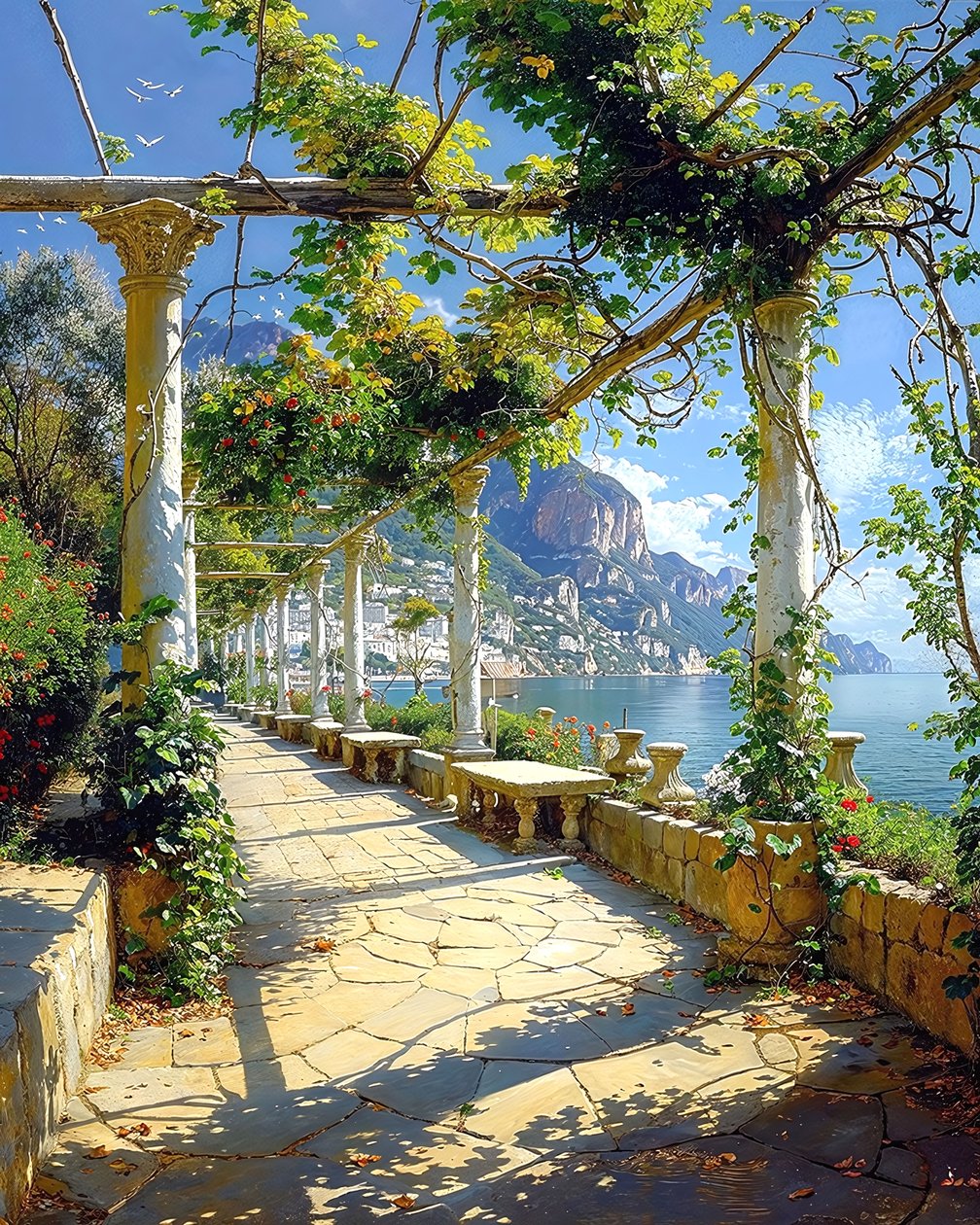 Um magnífico parque romano rodeado de natureza junto ao mar, ideias de decoração de muros de F. Abderrahim