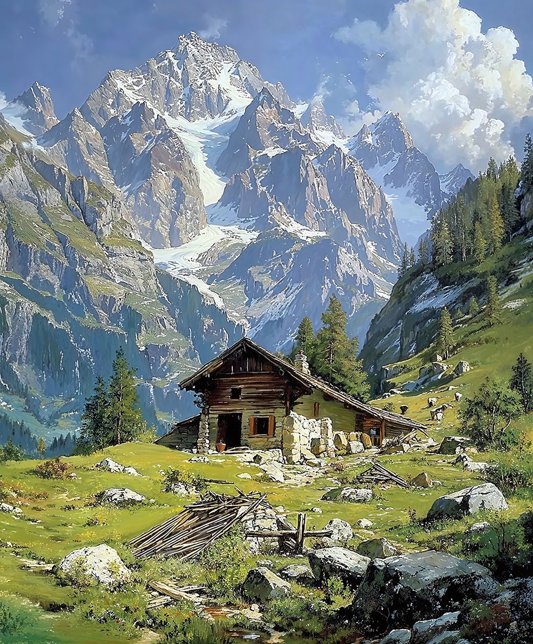Cabana de madeira nos Alpes suíços na primavera, decoração de parede para cozinha de F. Abderrahim