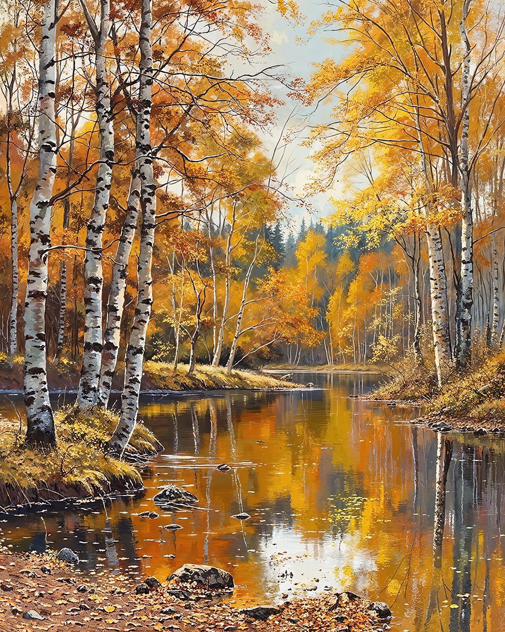 Paisagem e bétulas com águas cristalinas, impressões de arte online de F. Abderrahim