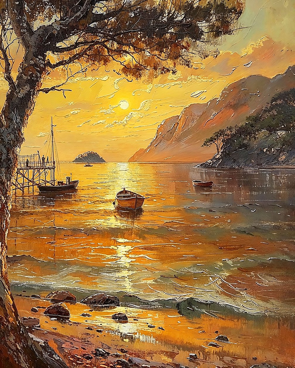 Praia e barcos, pôr do sol ao fim da tarde, Decoração de parede para venda de F. Abderrahim
