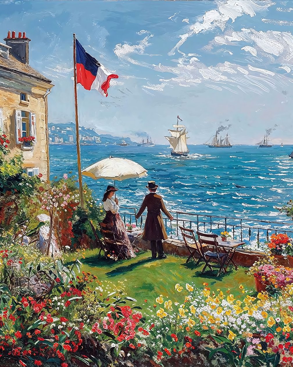 Varanda de uma casa com vista para o mar num dia de sol de F. Abderrahim