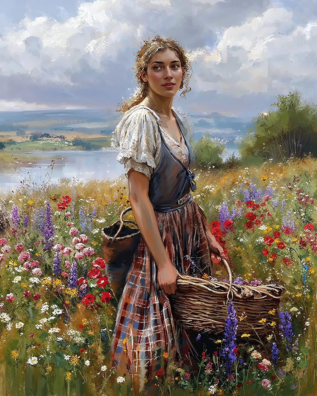 Uma bela camponesa a colher frutos na primavera, impressões de arte online de F. Abderrahim