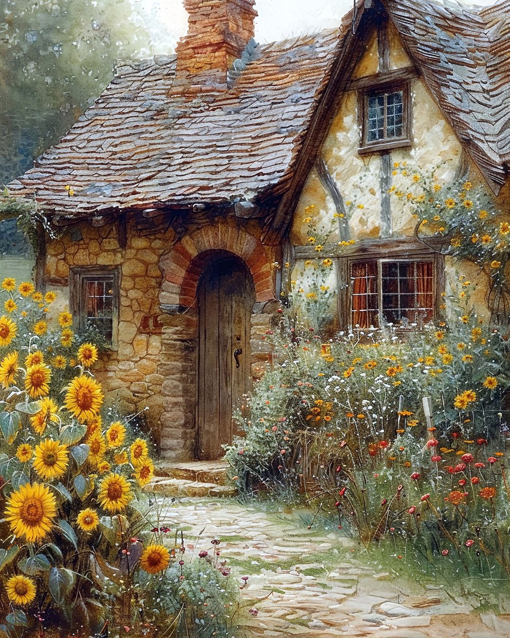 Jardim de uma casa medieval com girassóis, ideias de decoração de parede de F. Abderrahim