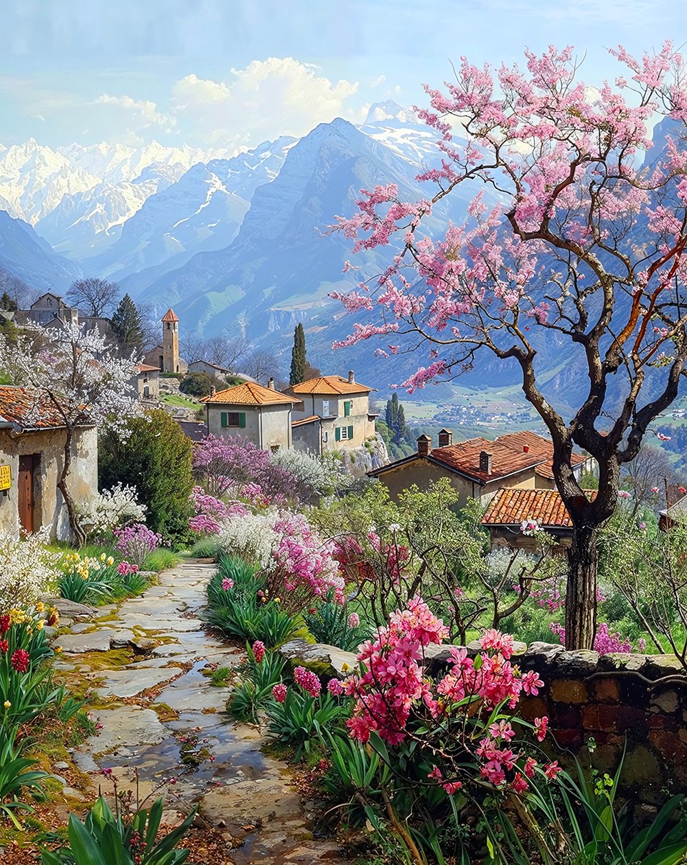 Uma bela aldeia rodeada de plantas floridas numa paisagem montanhosa de F. Abderrahim