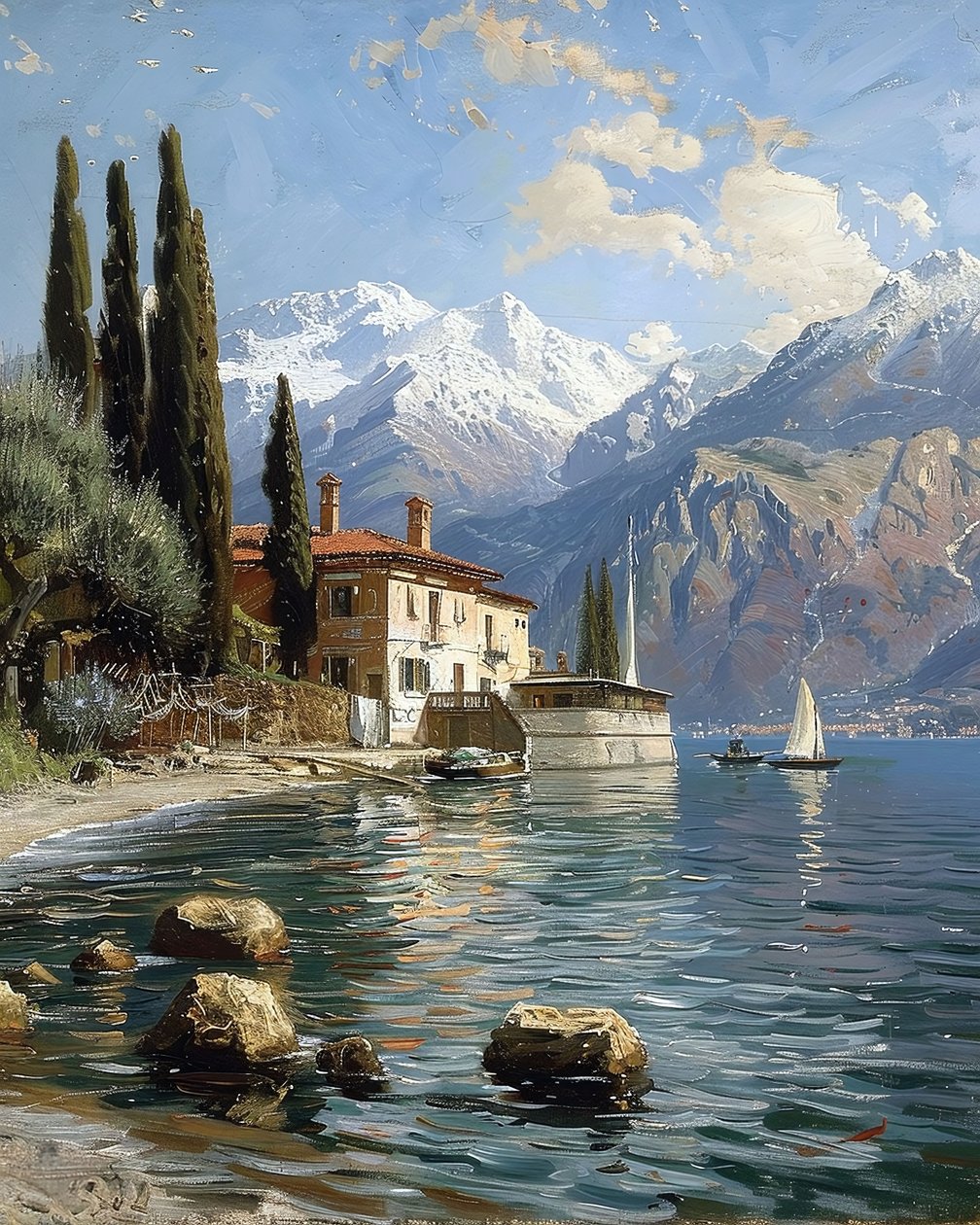 Uma casa com vista para um grande lago junto a uma cadeia de montanhas de F. Abderrahim