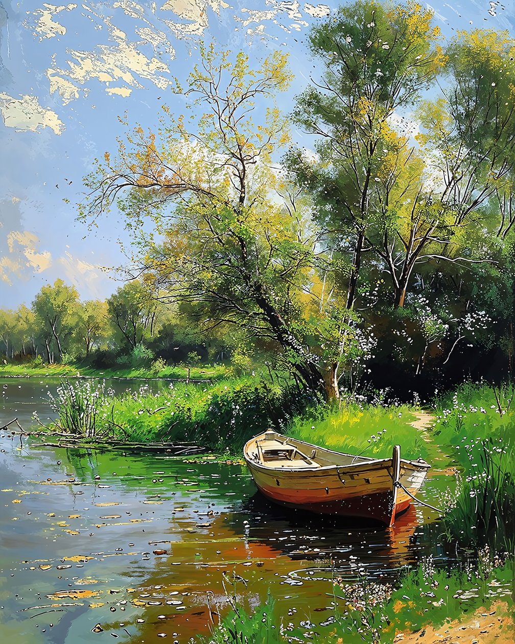 Barco à beira de um lago com águas límpidas, decoração de parede de paisagem de F. Abderrahim