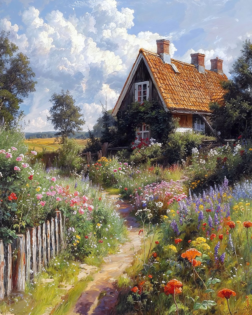 Casa bonita, jardim de flores, paisagem botânica, impressões em tela de F. Abderrahim