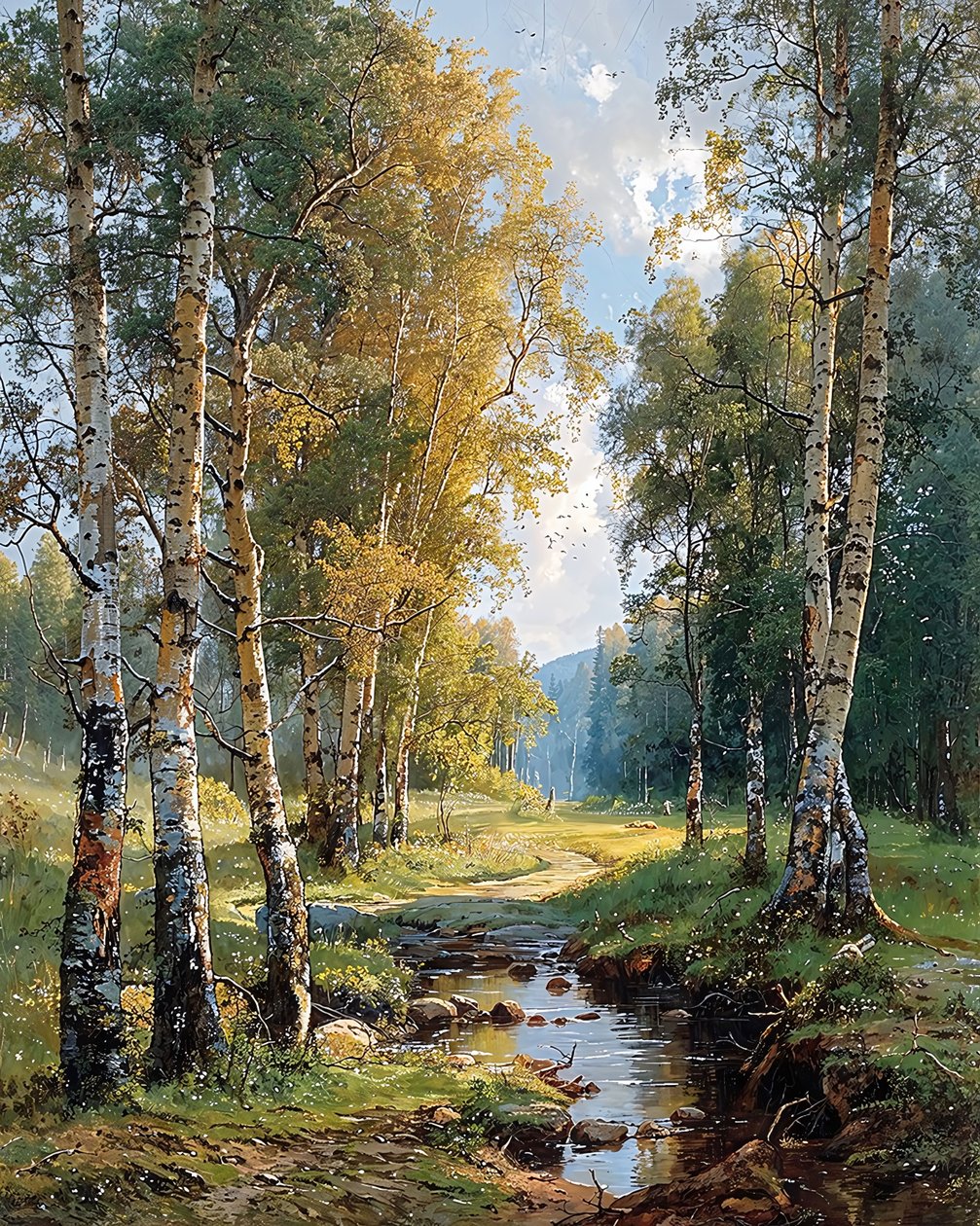Um riacho que corre através de um bosque de bétulas, Decorações de parede para qualquer divisão de F. Abderrahim