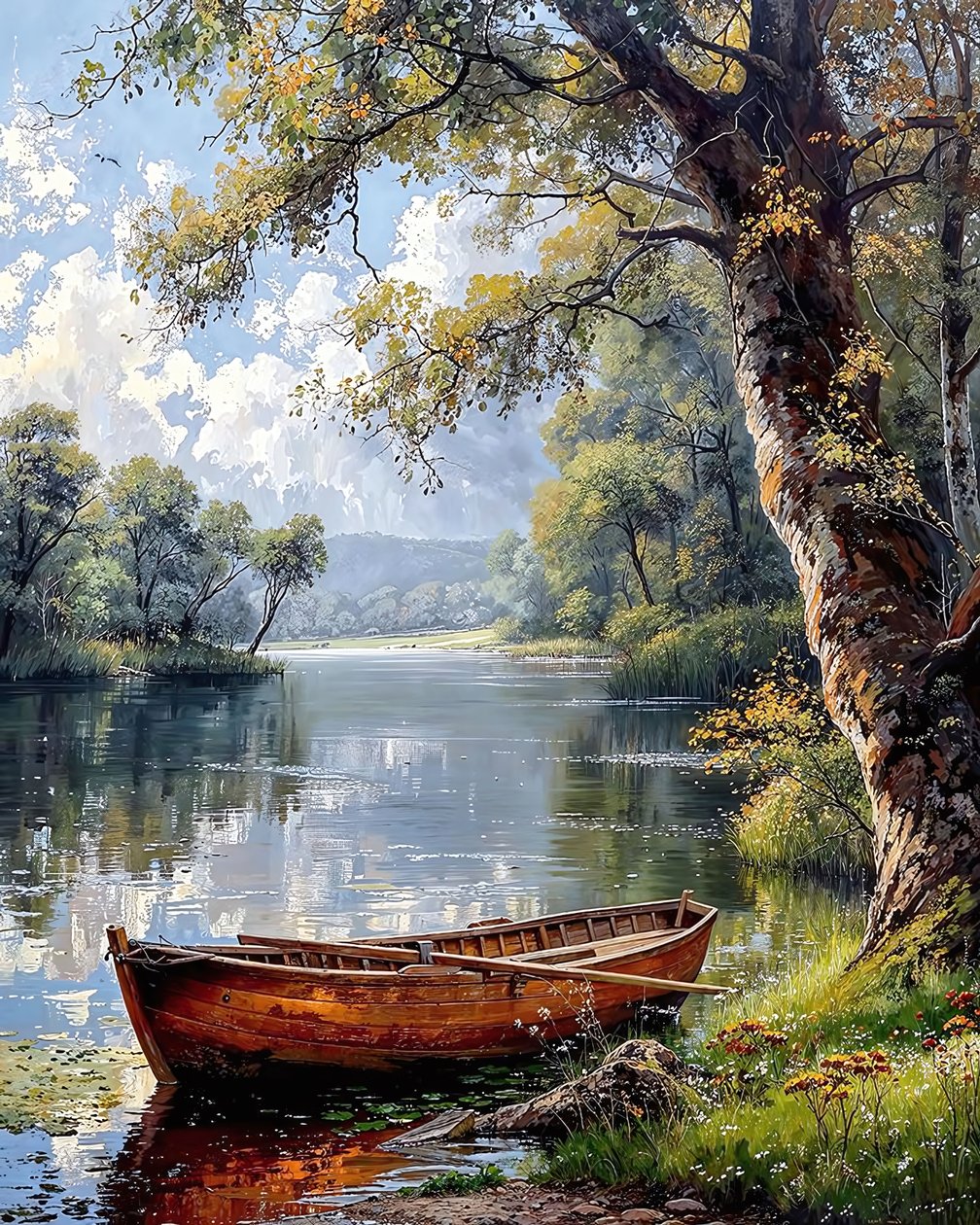 Um barco ancorado na margem de um rio no meio de uma floresta de F. Abderrahim