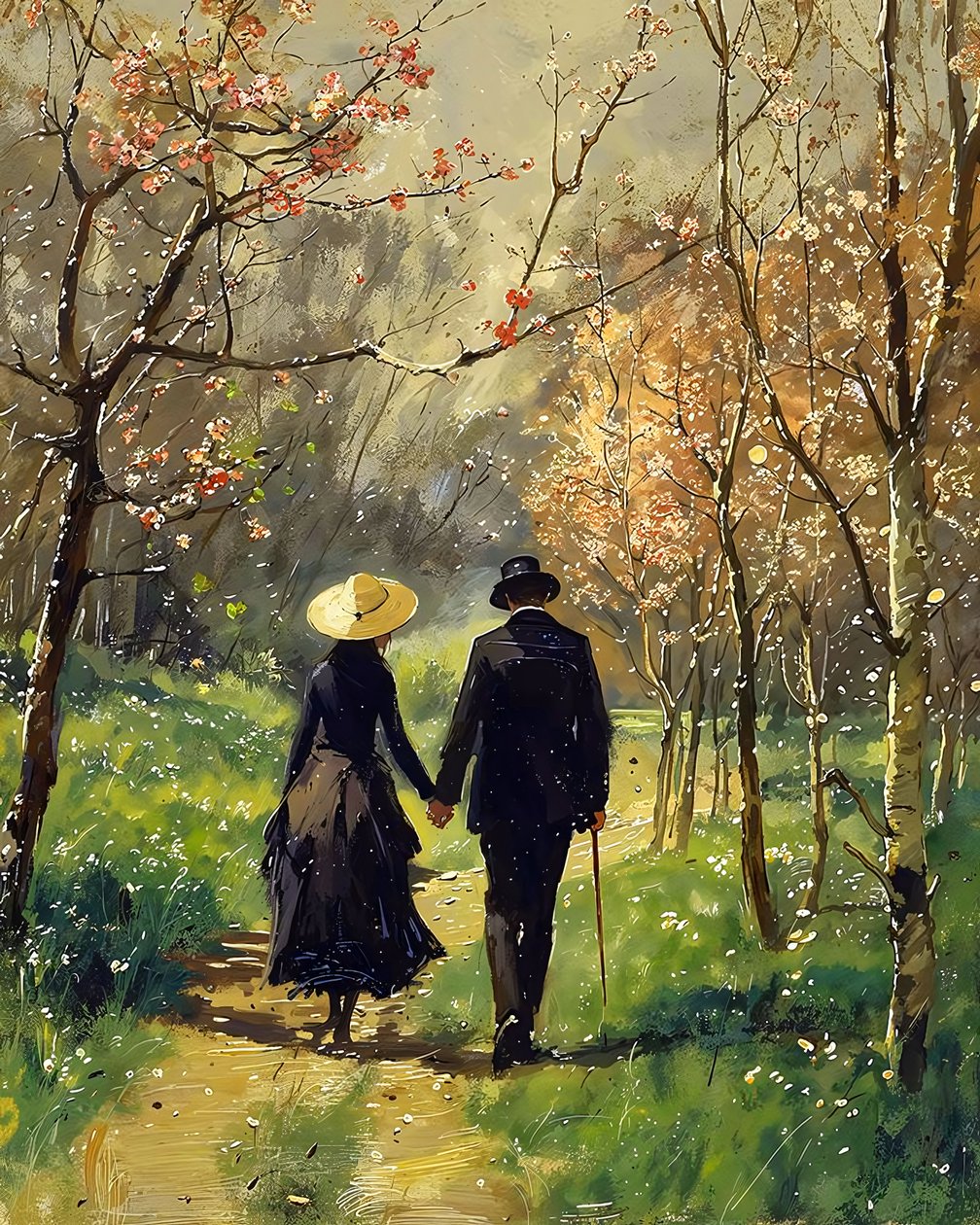 Um homem e uma bela mulher apaixonada estão a caminhar no meio de uma floresta de F. Abderrahim