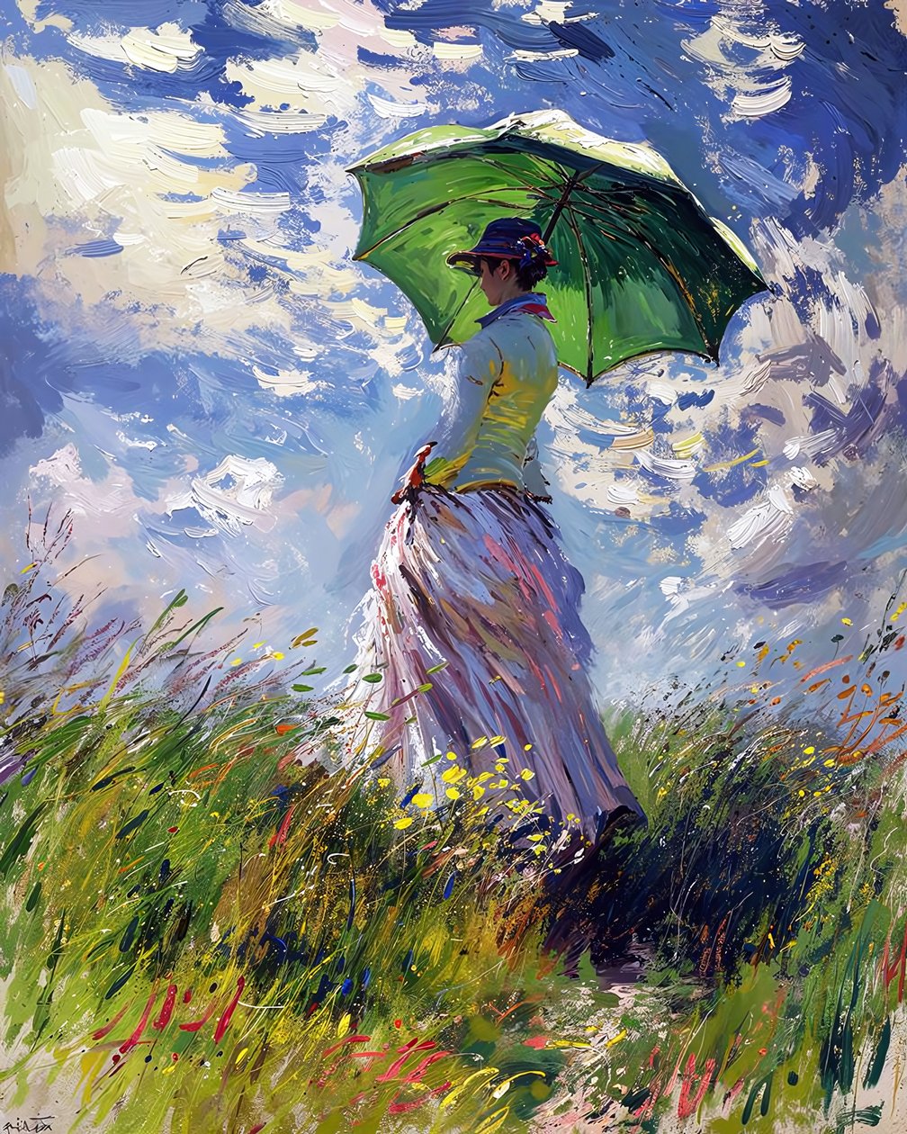 Mulher de vestido com guarda-chuva a caminhar numa colina verde na primavera de F. Abderrahim