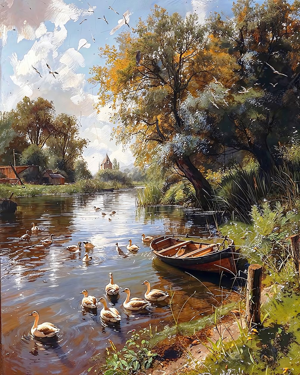 Lago tranquilo, pássaros e barco de madeira, decoração de parede para quarto de F. Abderrahim