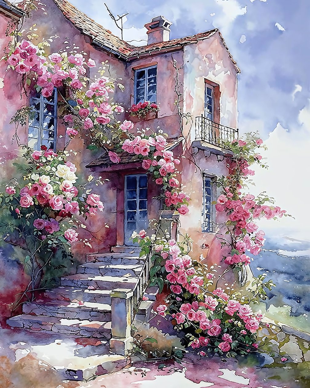 Casa rodeada de plantas trepadeiras com flores vermelhas e cor-de-rosa de F. Abderrahim