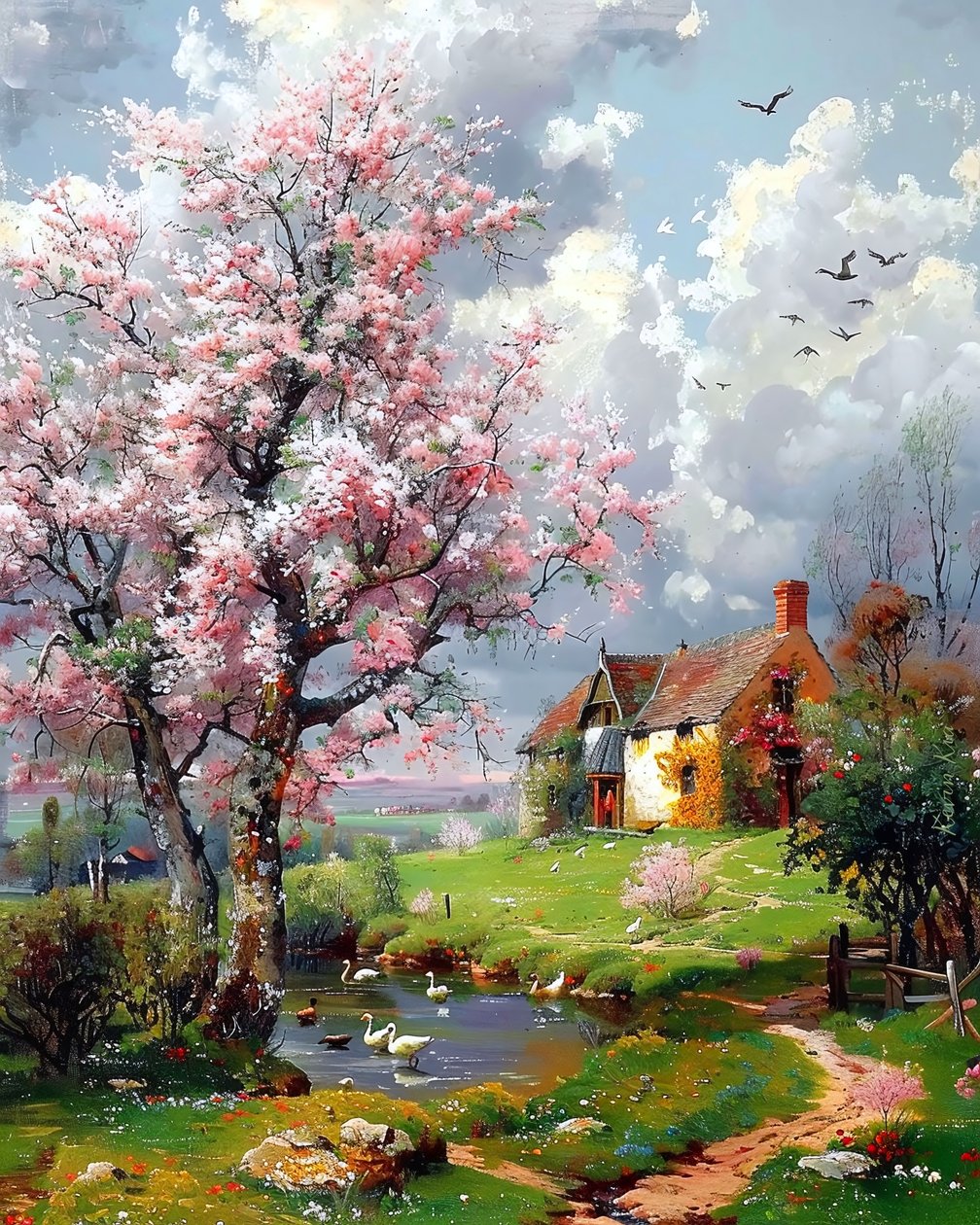 Casa antiga e paisagem com árvores em flor, decoração de parede para qualquer divisão de F. Abderrahim