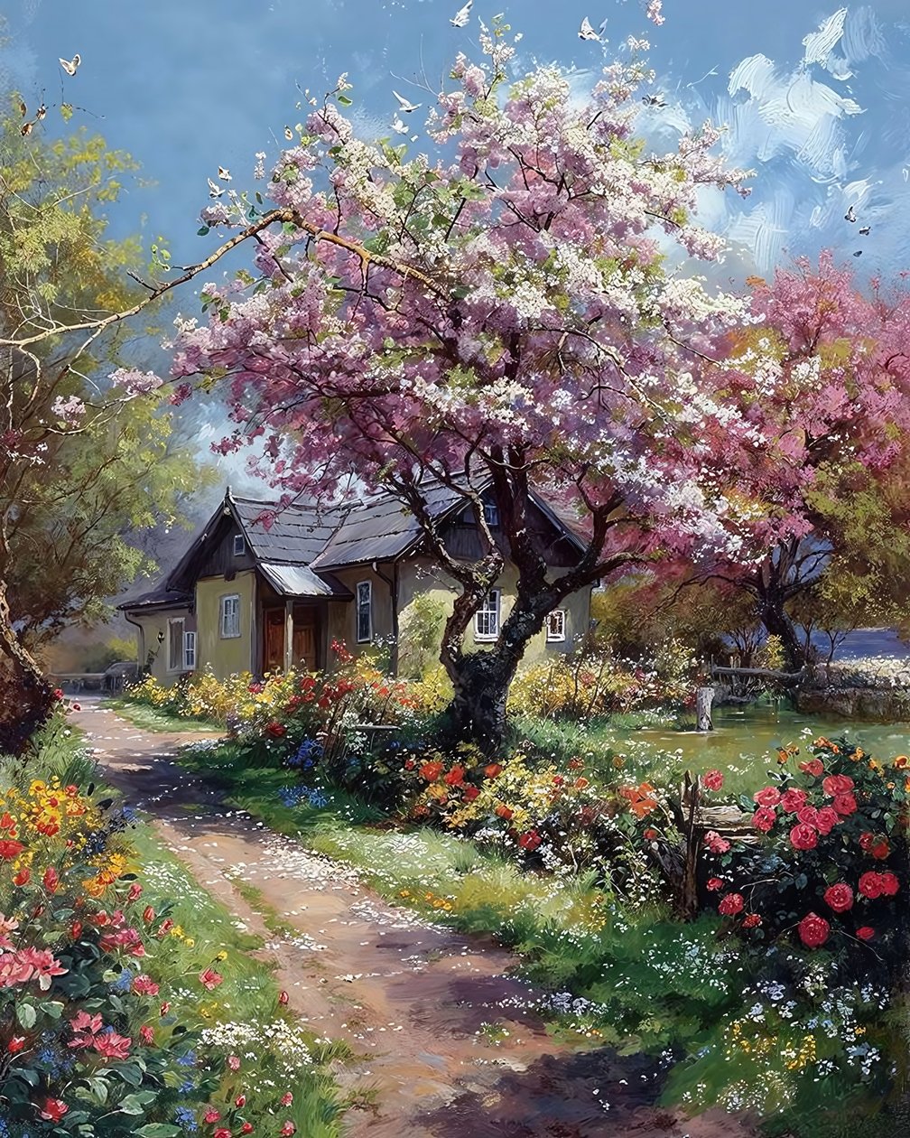 um jardim de uma casa de campo na primavera, rosas e flores, Decoração de parede para venda de F. Abderrahim