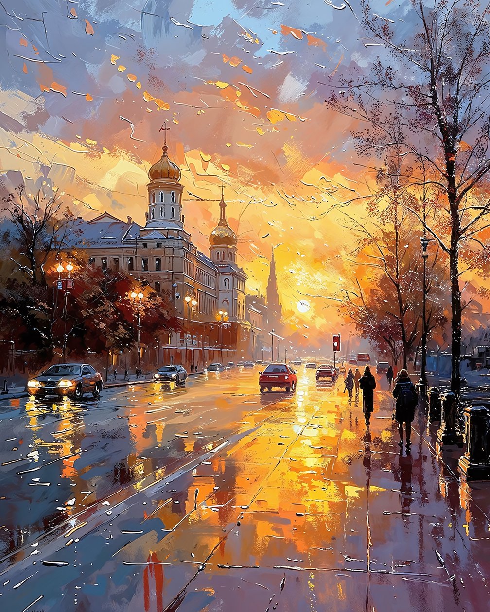 Pessoas a caminhar na rua ao nascer do sol sob a chuva que cai, Decoração de parede para venda de F. Abderrahim
