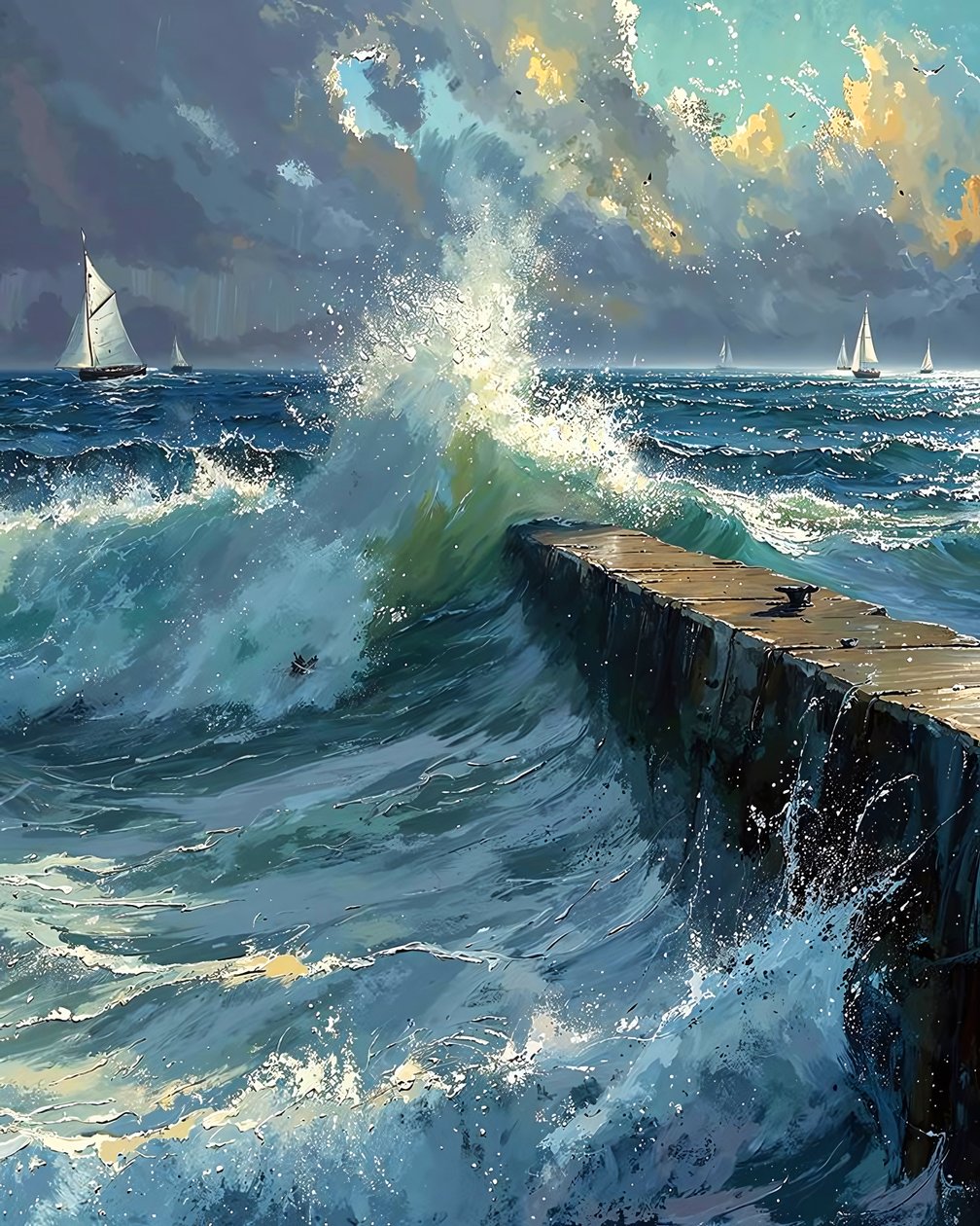 Ondas agitadas e barcos no horizonte, ideias de decoração de parede de F. Abderrahim