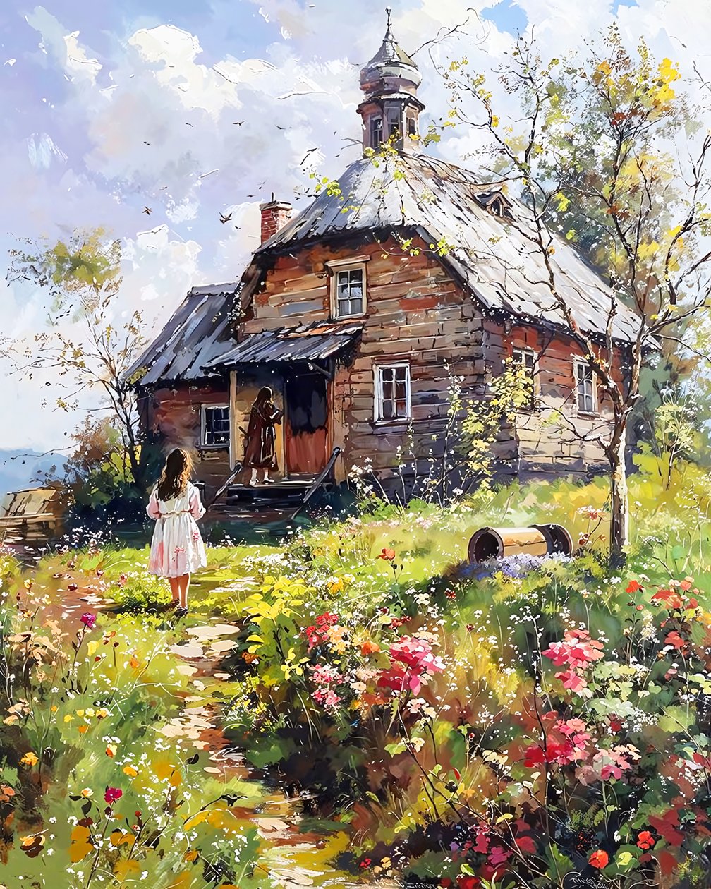 Uma rapariga e a sua mãe em frente a uma casa de madeira, parede Decoração de F. Abderrahim