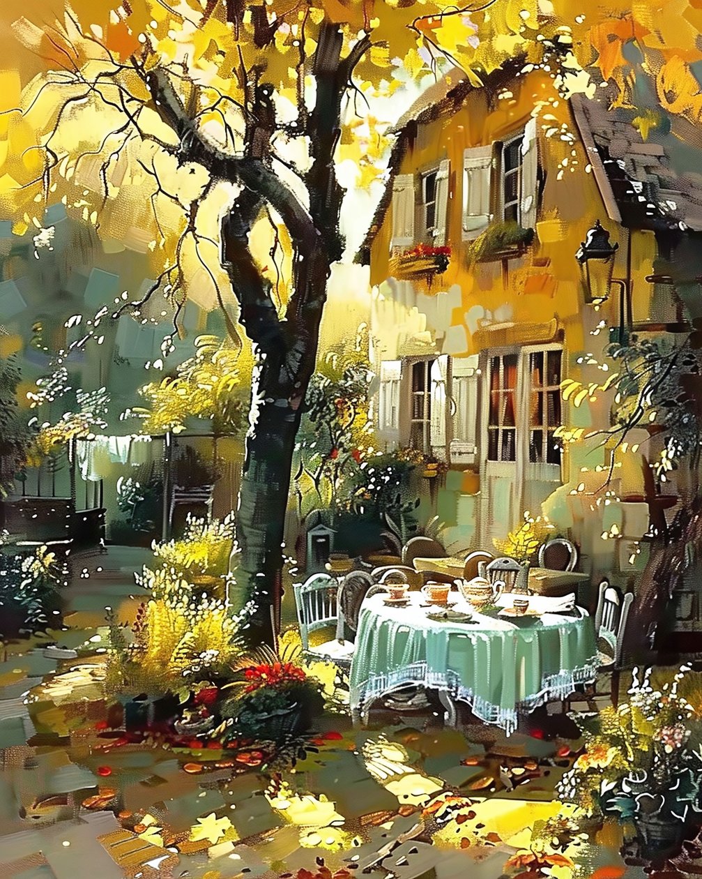 Mesa de almoço no jardim de uma casa em França, impressões de arte online de F. Abderrahim