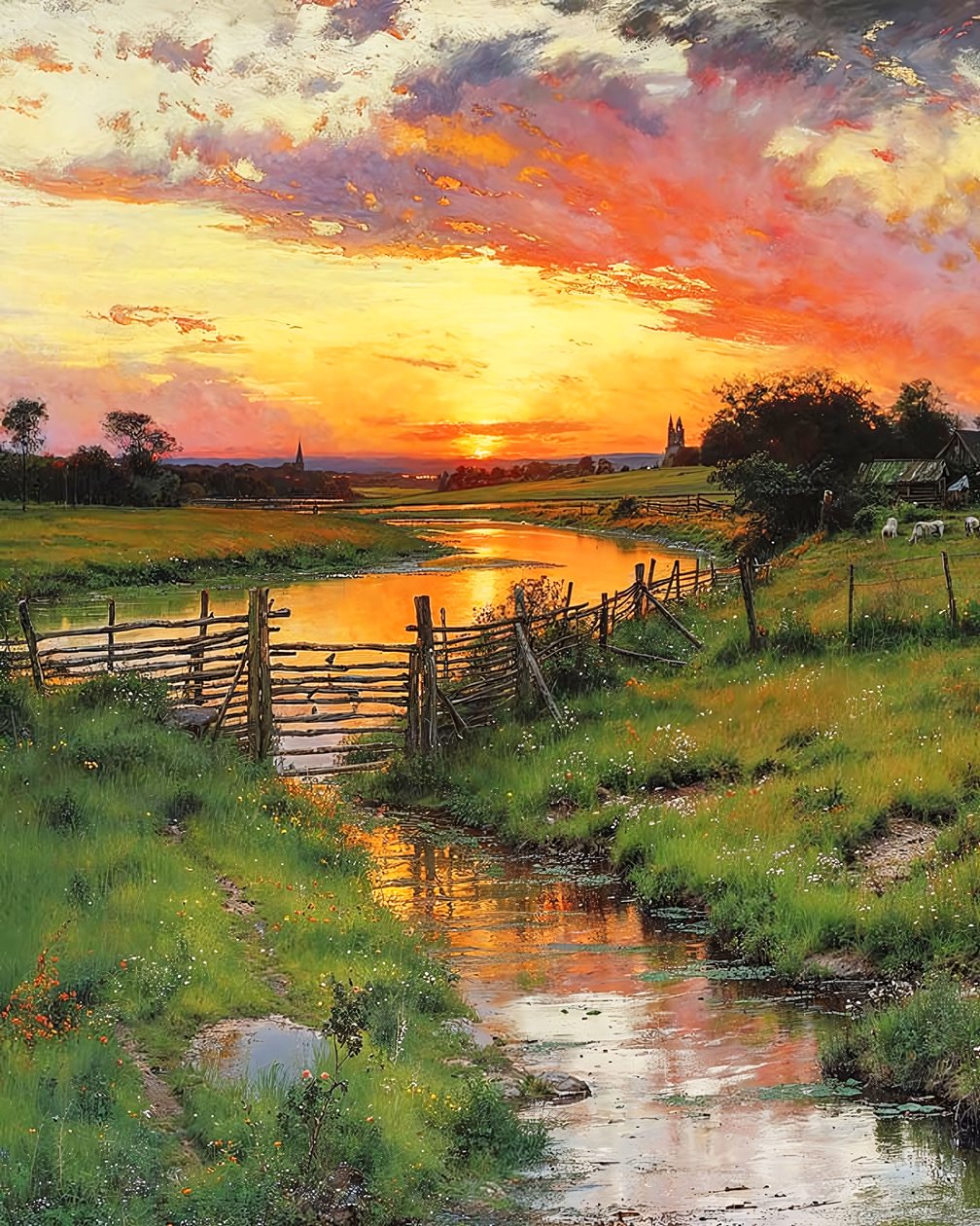 Pôr do sol sobre um riacho sinuoso no campo, impressões de arte online de F. Abderrahim