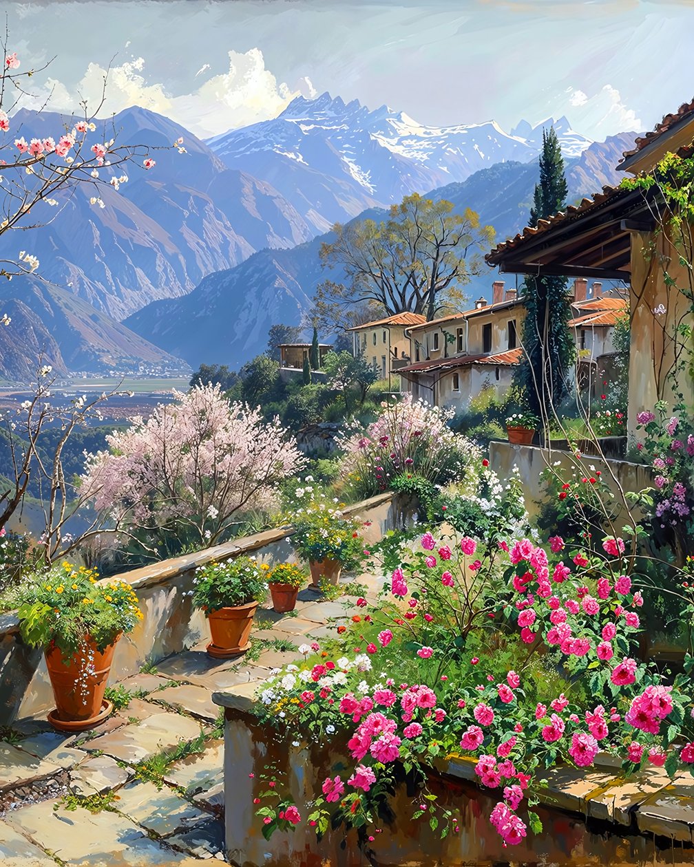Uma bela aldeia rodeada de flores primaveris numa paisagem montanhosa de F. Abderrahim