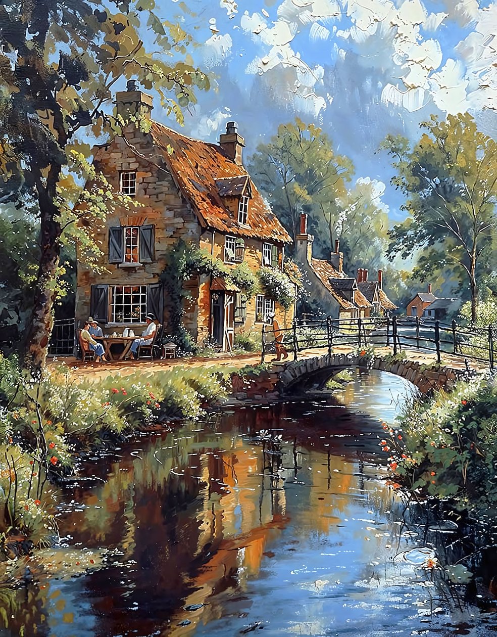 Uma velha ponte sobre um ribeiro junto a uma cabana numa paisagem rural europeia de F. Abderrahim