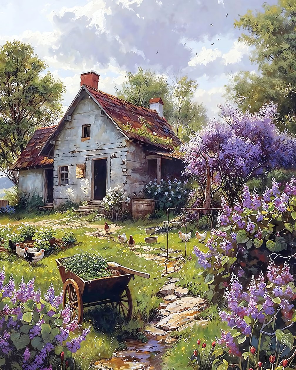 Casa de campo tradicional rodeada de flores cor-de-rosa, impressões de arte online de F. Abderrahim