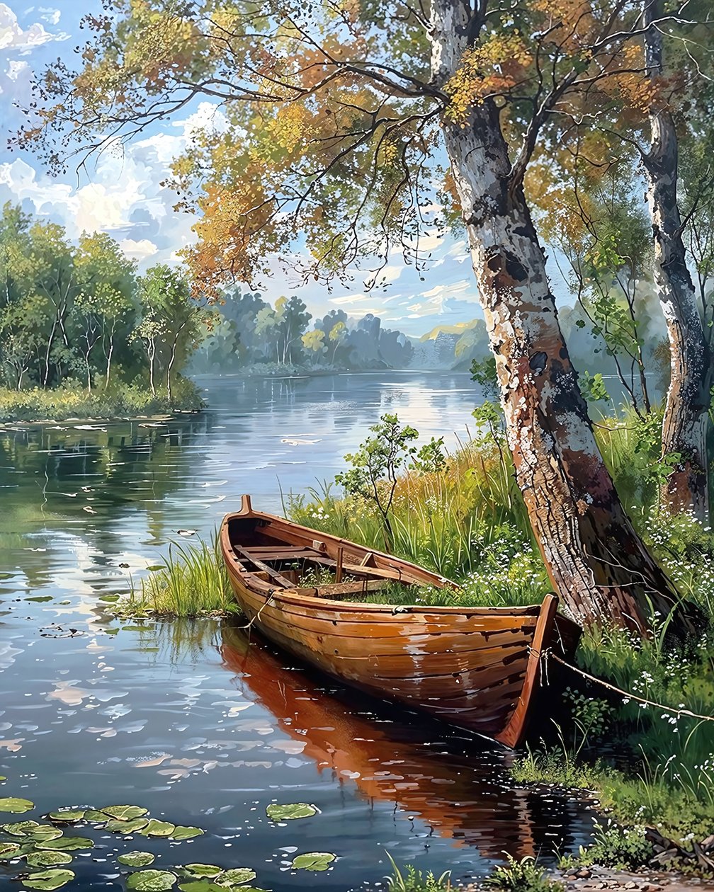 Paisagem bonita com um rio e um barco, tela para decoração de parede Paisagens urbanas de F. Abderrahim