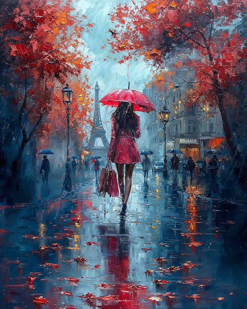 Senhora elegante com guarda-chuva a passear numa rua de Paris, decoração de parede moderna de F. Abderrahim