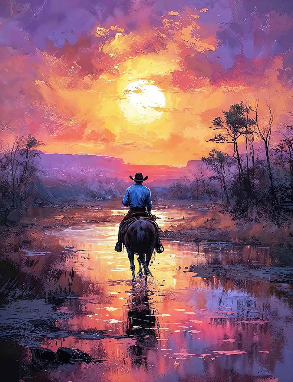 Cavaleiro ocidental numa paisagem de pôr do sol vermelho, decoração de parede para sala de estar de F. Abderrahim