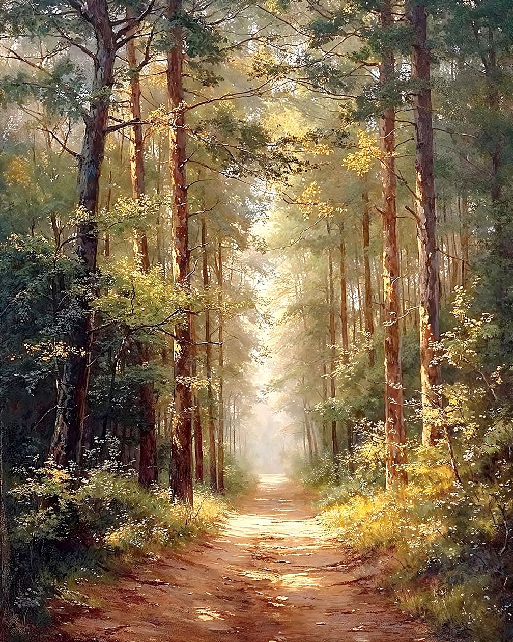 Caminho longo numa floresta de árvores altas, decoração clássica de parede de F. Abderrahim