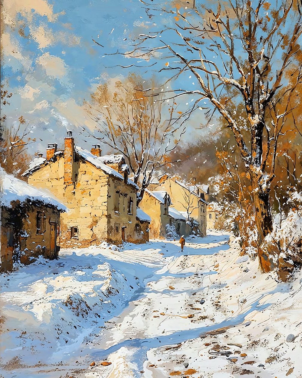 Aldeia antiga no inverno e na neve, decoração de parede para sala de estar de F. Abderrahim