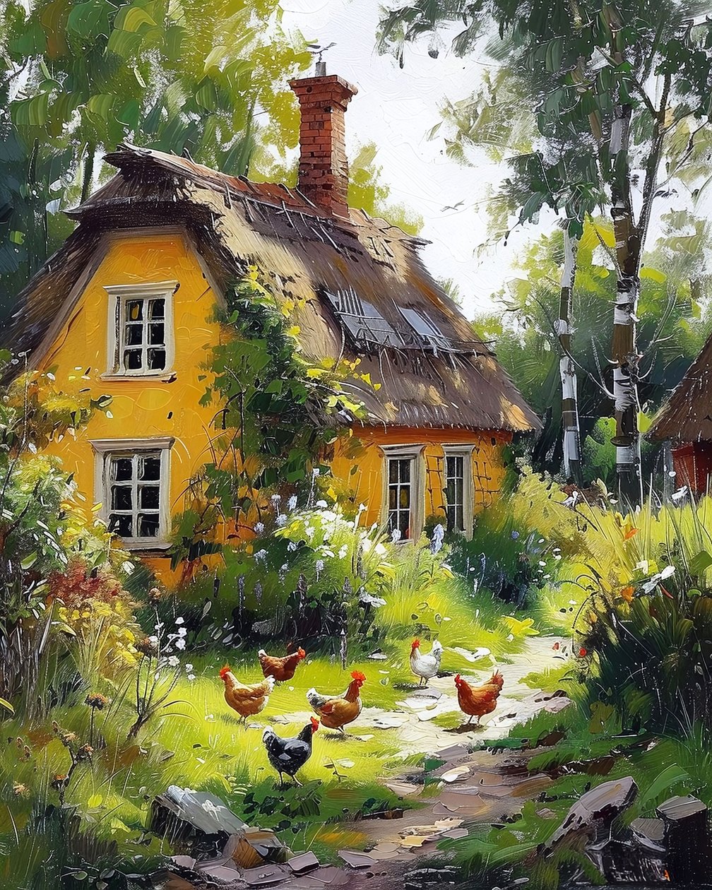 Casa de madeira no campo com pomares floridos, impressões de arte online de F. Abderrahim