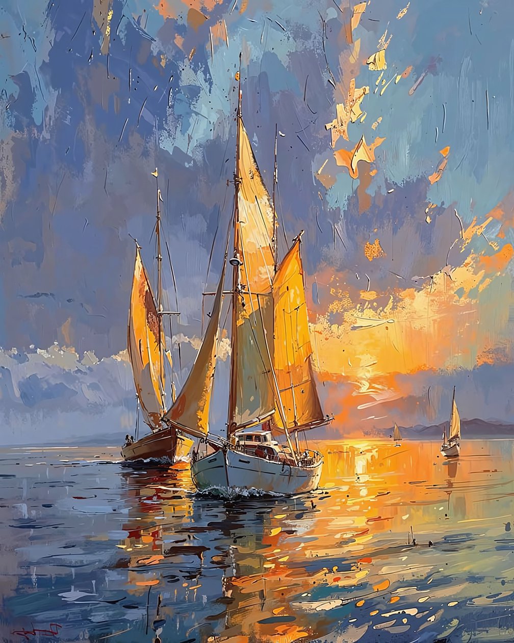 Barcos à vela no mar ao pôr do sol, decoração de parede para o quarto de F. Abderrahim