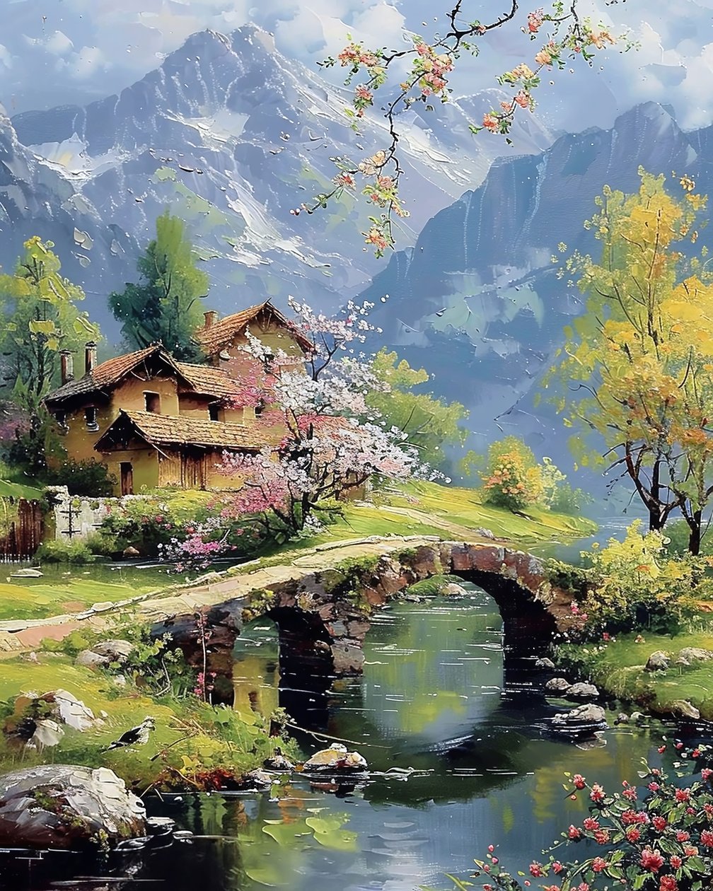 Bela paisagem com um lago, decoração de parede e impressões em tela de F. Abderrahim