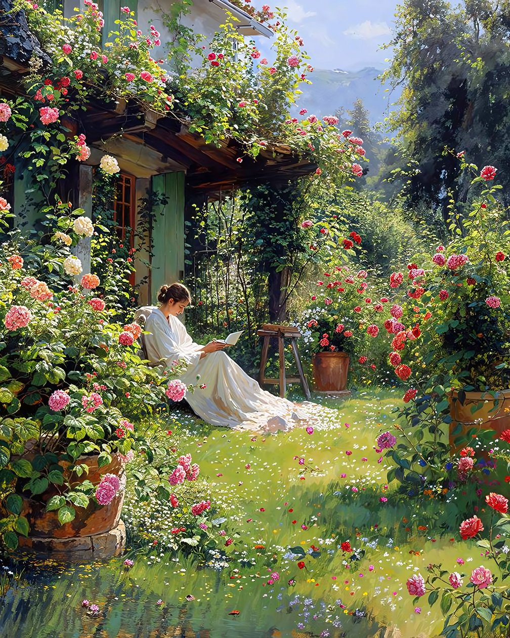 Uma mulher com um vestido branco lê um livro no seu jardim de F. Abderrahim