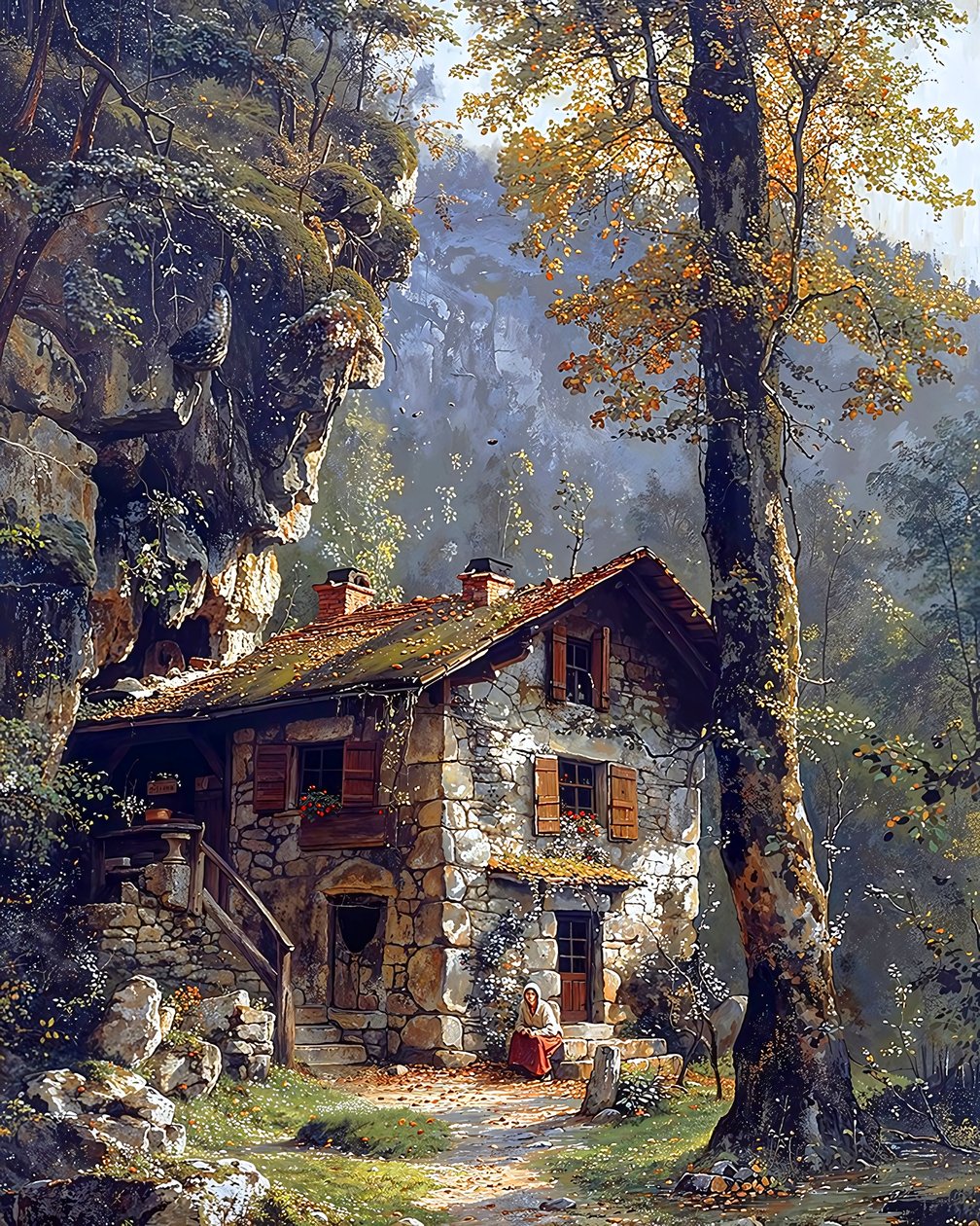 Uma antiga casa de campo no meio de uma floresta no cimo de uma montanha de F. Abderrahim