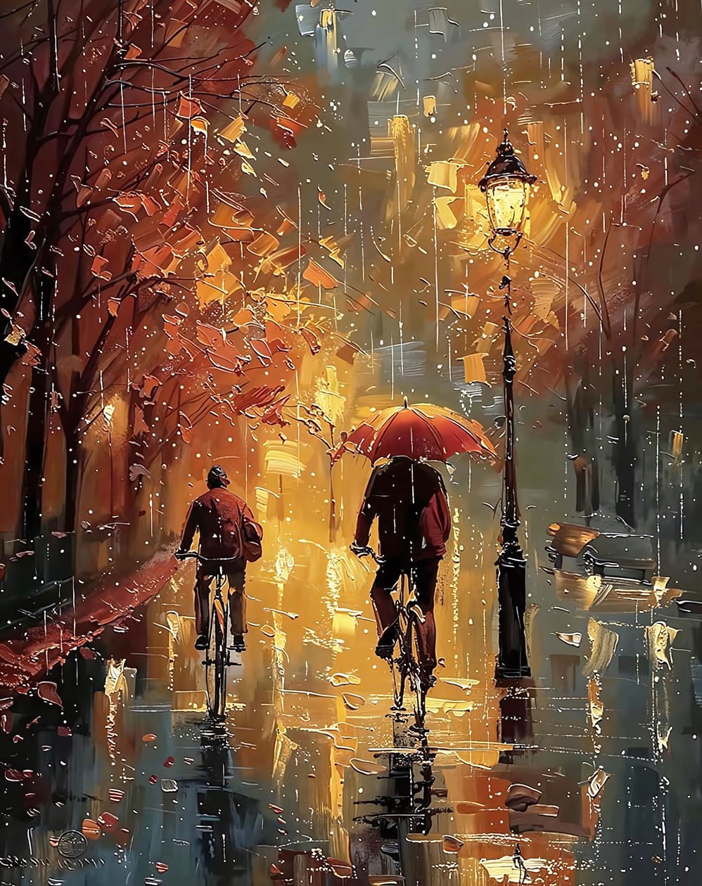 Ciclistas a andar de bicicleta no meio de uma rua à chuva, decoração de parede para quarto de F. Abderrahim