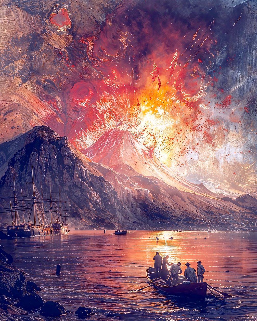 Erupção vulcânica à beira-mar, impressões em tela personalizadas online de F. Abderrahim