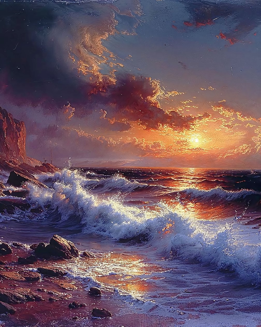 Desenho delicado de ondas ao pôr do sol à beira-mar, decoração de parede da natureza de F. Abderrahim