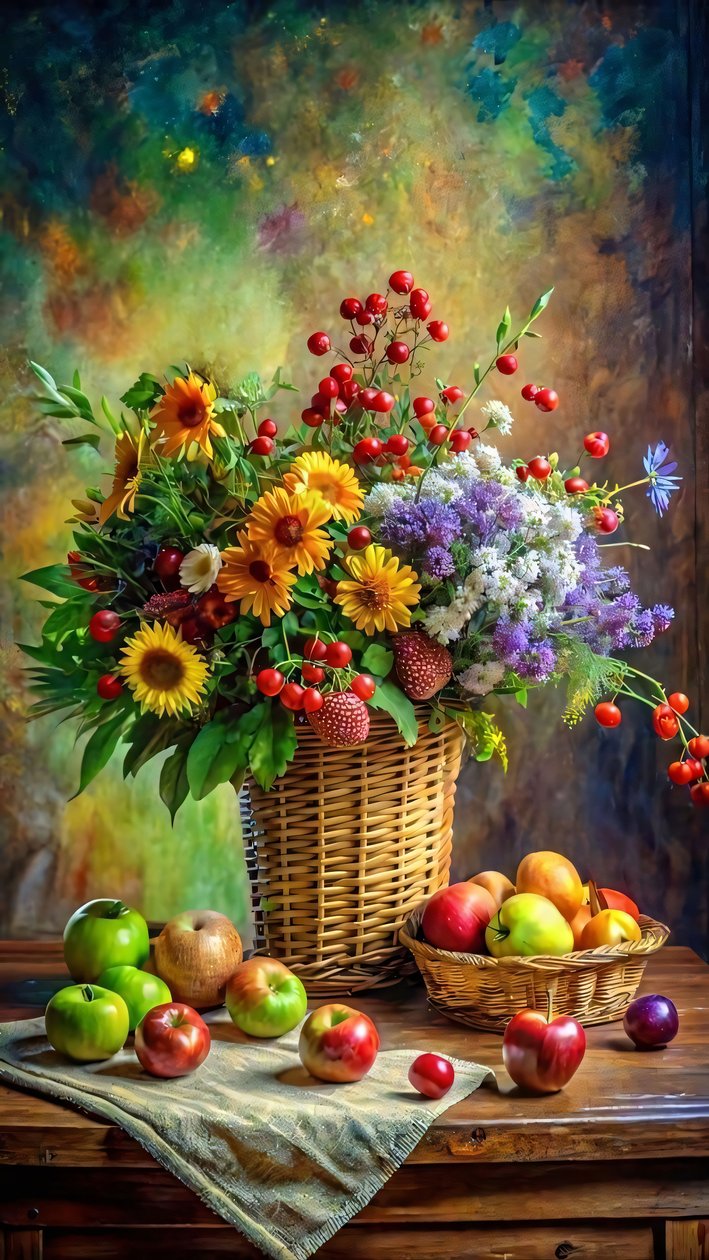 impressão em tela, um cesto de frutas e legumes com um ramo de flores e rosas, de F. Abderrahim