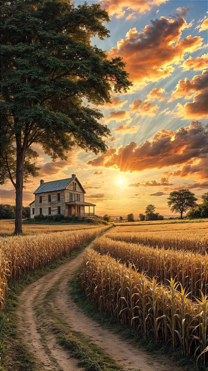 Uma casa de campo numa estrada de terra, rodeada por um campo de milho, decoração de parede de F. Abderrahim