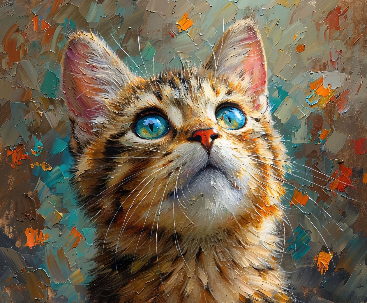 Um gato giro com olhos azuis a olhar para cima, rosto de animal em grande plano, decoração de parede de F. Abderrahim