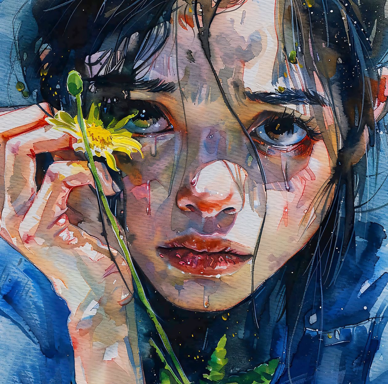 Uma rapariga acaricia uma flor amarela, retrato em grande plano, impressão online em tela de F. Abderrahim