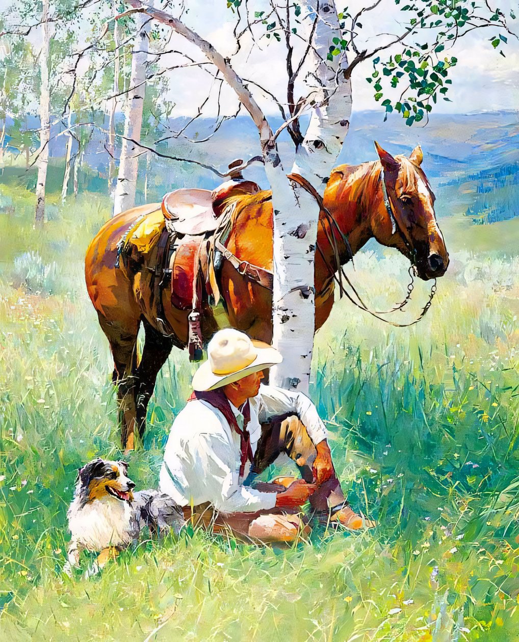 Um cavaleiro e o seu cão e cavalo descansam debaixo de uma árvore, ideias para decoração de parede de F. Abderrahim