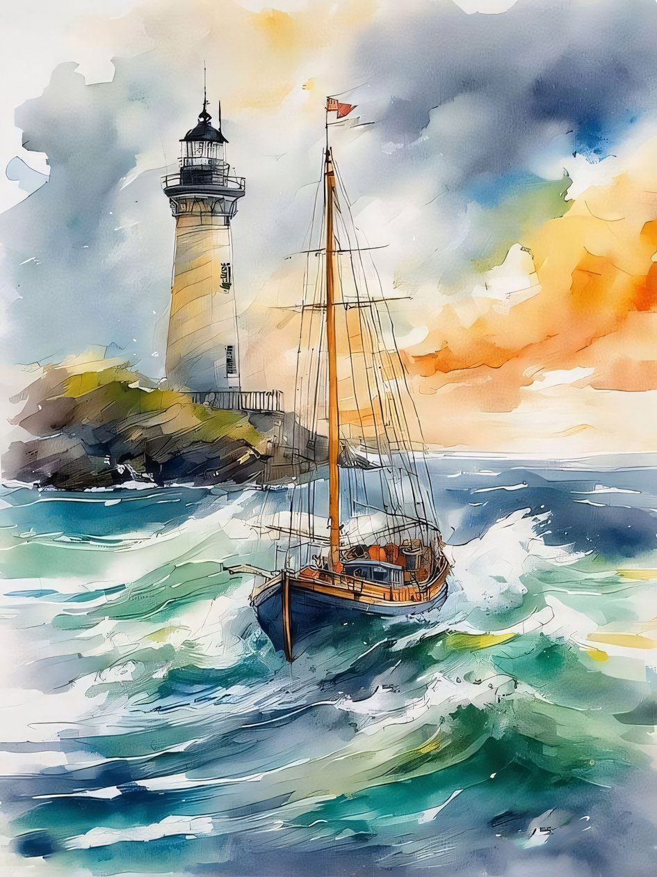 Um farol, ondas e um barco nas ondas do mar Pintura, decoração de parede moderna de F. Abderrahim