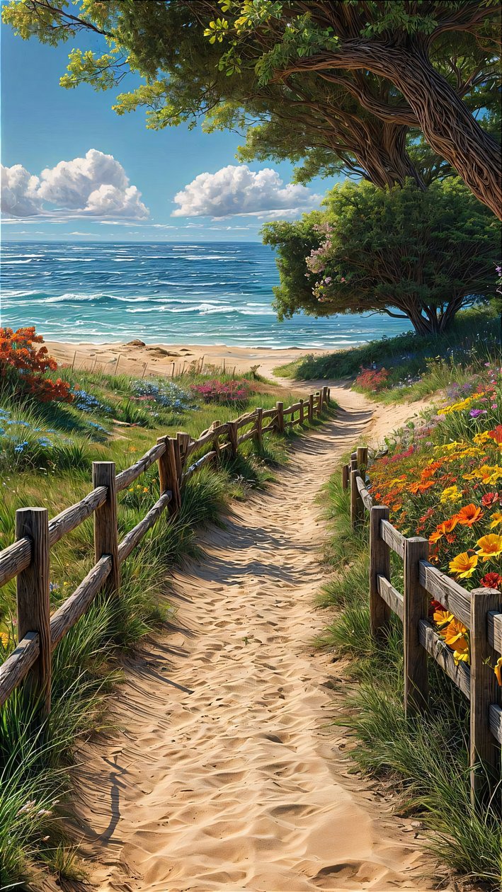 Um caminho de areia conduz a uma bela praia com uma vedação de madeira e flores coloridas de F. Abderrahim